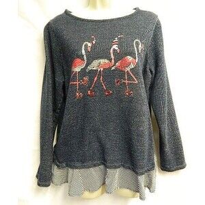 Crown & Ivy Womens Christmas Sweater Size 0X Ice Skating Flamingos w/Shirt Tails